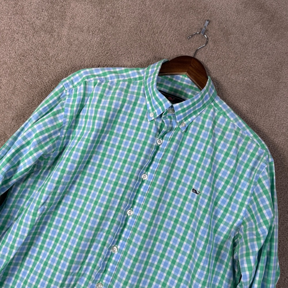 Vineyard Vines Button Down Mens Large Green Blue Gingham Whale Shirt Casual
